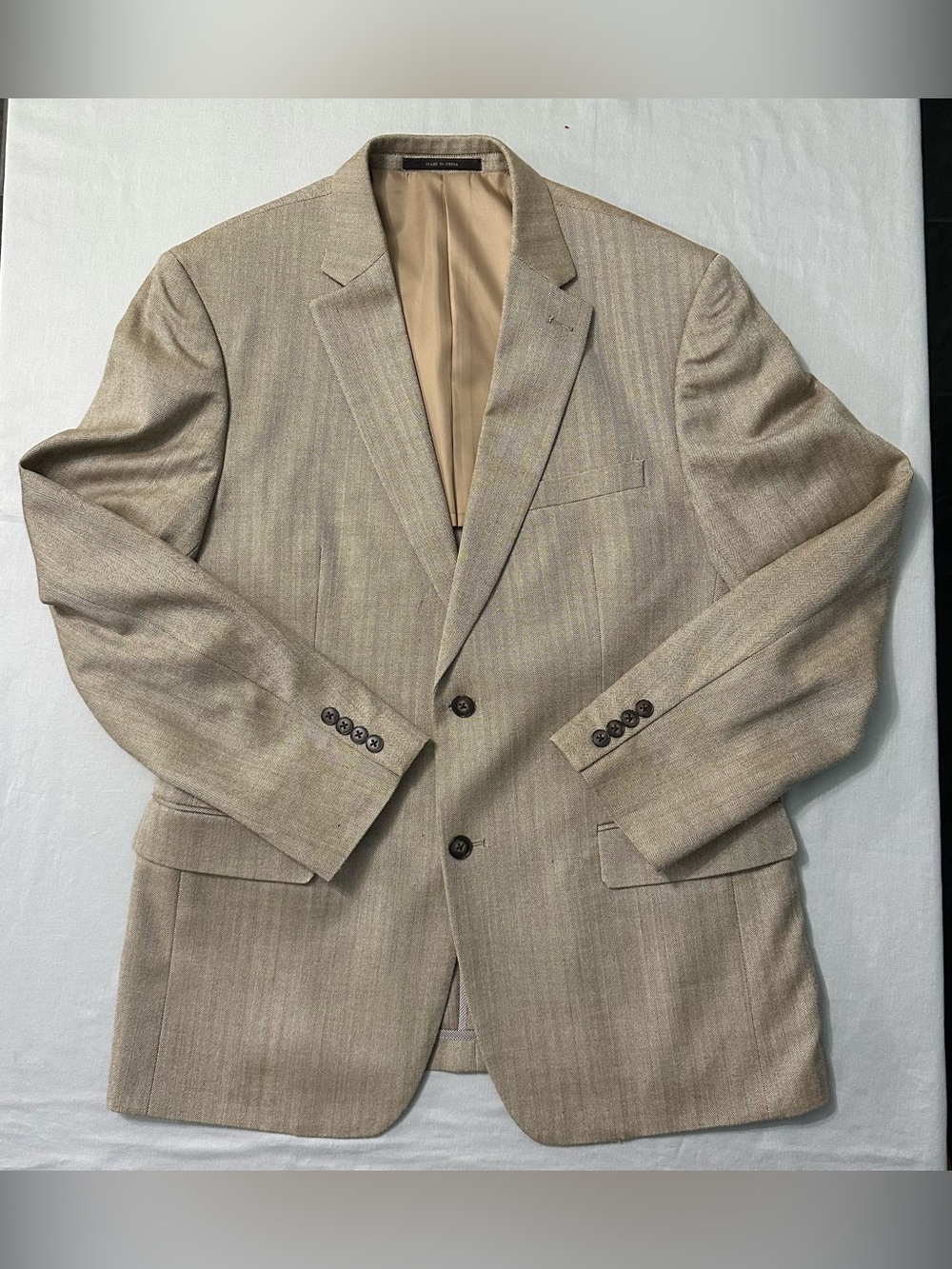 Andrew Fezza Mens 42R Silk Wool Blazer Beige Tan Herringbone Sport Coat